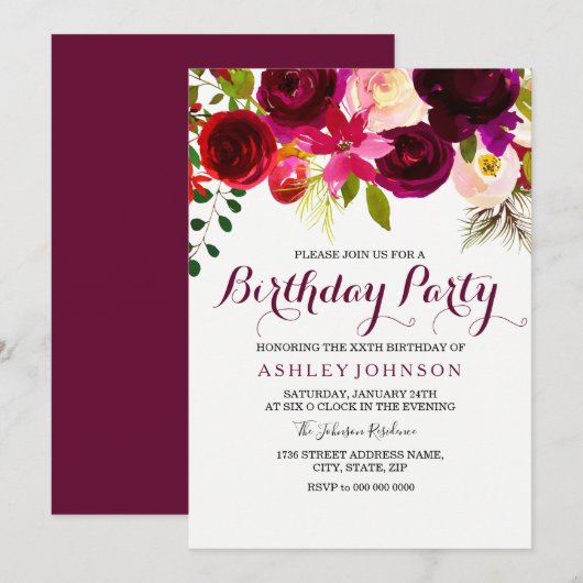 Burgundy Floral Womans Birthday Party Invitation Kaart (Voorkant / Achterkant)