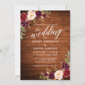 Burgundy Floral Wood Calligrafie Foto bruiloft Kaart (Voorkant)