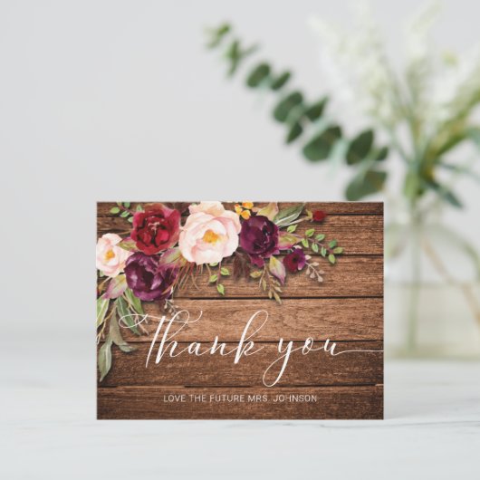 Burgundy Floral Wood Vrijgezellenfeest Dank je wel Briefkaart (Staand voorkant)