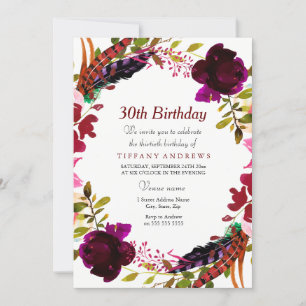Burgundy Floral Wreath 30th Birthday Party Invite Kaart