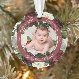 Burgundy Floral Wreath Babys eerste kerstfoto Ornament
