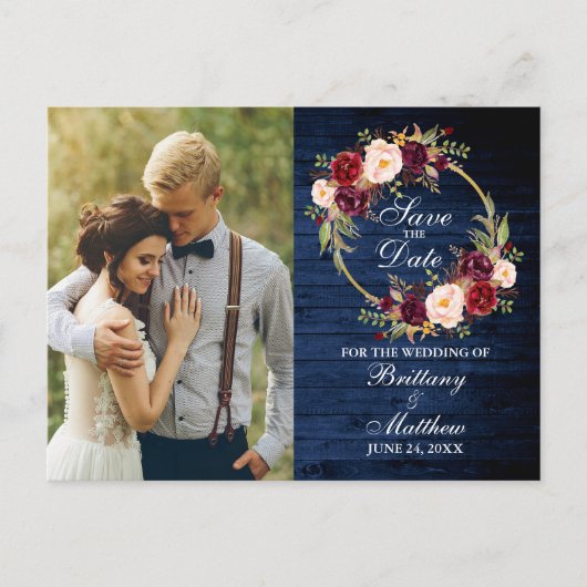 Burgundy Floral Wreath Blue Wood Save the Date Briefkaart (Voorkant)