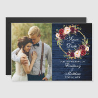 Burgundy Floral Wreath Blue Wood Save the Date