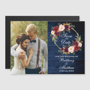 Burgundy Floral Wreath Blue Wood Save the Date Magnetische Uitnodiging
