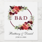 Burgundy Floral Wreath Boho Wedding Wijn Etiket (Enkel label)