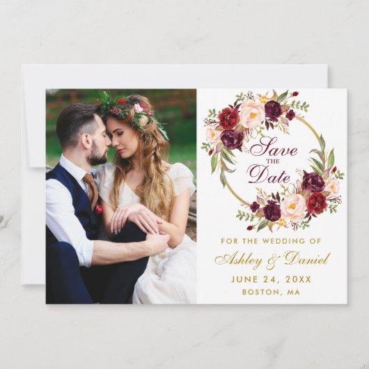 Burgundy Floral Wreath Gold Photo Save the Date (Voorkant)