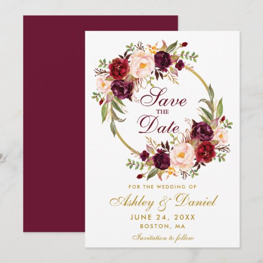 Burgundy Floral Wreath Gold redt Datum B Save The Date (Voorkant / Achterkant)