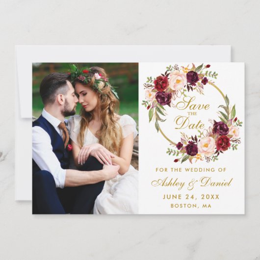 Burgundy Floral Wreath Gold Save the Date Photo (Voorkant)