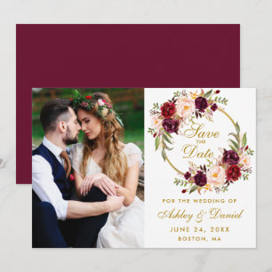 Burgundy Floral Wreath Gold Save the Date Photo