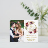 Burgundy Floral Wreath Gold Save the Date Photo Briefkaart (Staand voorkant)