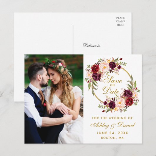 Burgundy Floral Wreath Gold Save the Date Photo Briefkaart (Voorkant / Achterkant)