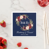 Burgundy Floral Wreath Monogram Blue Wedding Servet (Insitu)