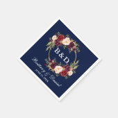 Burgundy Floral Wreath Monogram Blue Wedding Servet (Hoek)