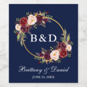 Burgundy Floral Wreath Monogram Blue Wedding Wijn Etiket (Enkel label)