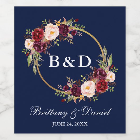 Burgundy Floral Wreath Monogram Blue Wedding Wijn Etiket (Enkel label)