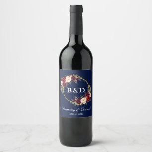 Burgundy Floral Wreath Monogram Blue Wedding Wijn Etiket