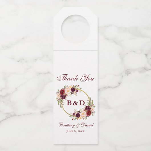 Burgundy Floral Wreath Wedding Monogram Flessenhanger (Voorkant)
