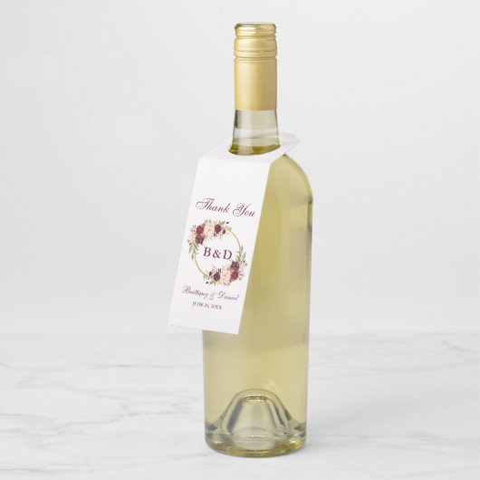 Burgundy Floral Wreath Wedding Monogram Flessenhanger (Schuin)