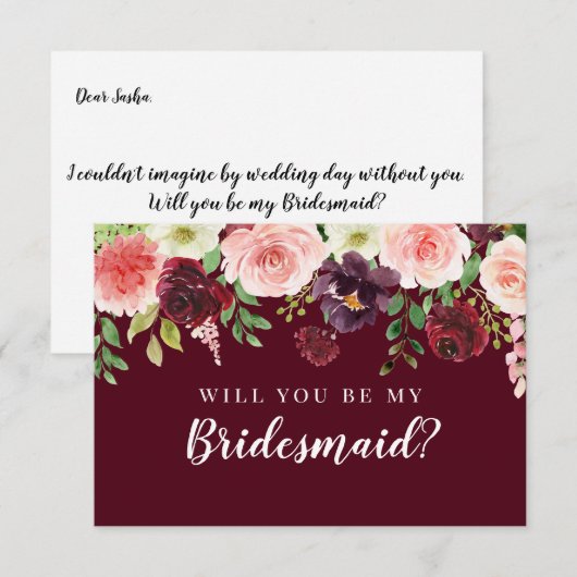 Burgundy Floral zal je mijn Bridesmaid-voorstel zi Kaart (Voorkant / Achterkant)