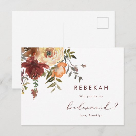 Burgundy Floral zal je mijn Bridesmaid-voorstel zi Uitnodiging Briefkaart (Voorkant / Achterkant)