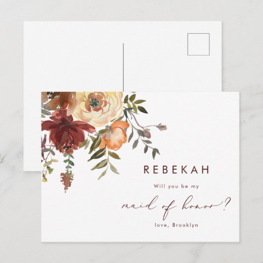 Burgundy Floral zal je mijn dienstmeisje zijn Uitnodiging Briefkaart (Voorkant / Achterkant)