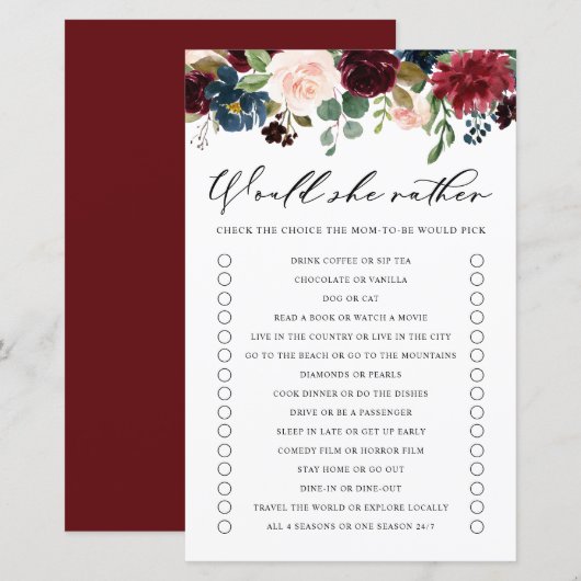 Burgundy Floral zou ze liever Baby shower spelen (Voorkant / Achterkant)