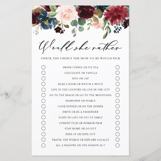 Burgundy Floral zou ze liever Baby shower spelen (Voorkant)