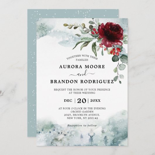 Burgundy florale wintersneeuwbruiloft kaart (Voorkant / Achterkant)