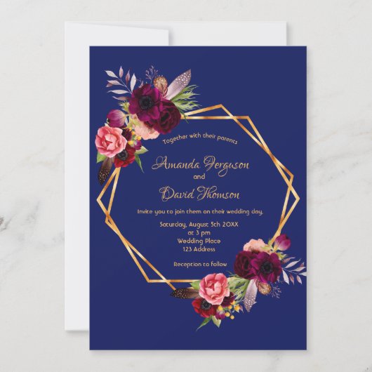 Burgundy florals blauw geometrisch boho bruiloft kaart (Voorkant)