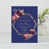 Burgundy florals blauw geometrisch boho bruiloft kaart (Staand voorkant)