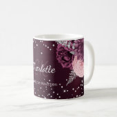Burgundy florals elegant monogram koffiemok (Voorkant rechts)