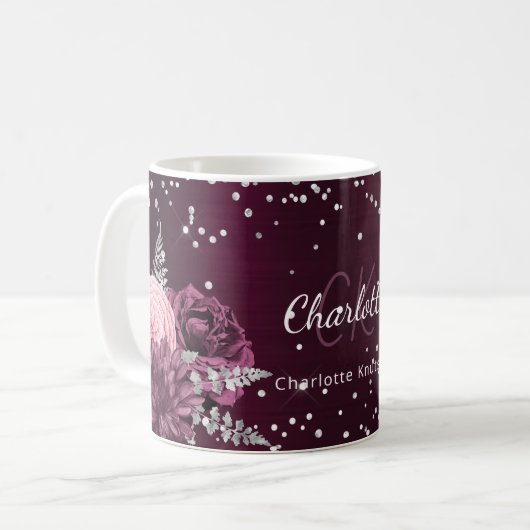 Burgundy florals elegant monogram koffiemok (Voorkant links)