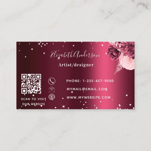 Burgundy florals elegant QR-code Visitekaartje (Achterkant)