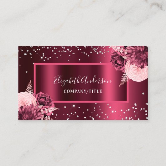 Burgundy florals elegant QR-code Visitekaartje (Voorkant)