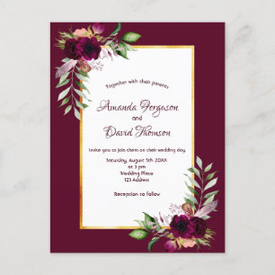 Burgundy florals Gold boho bruiloft Briefkaart