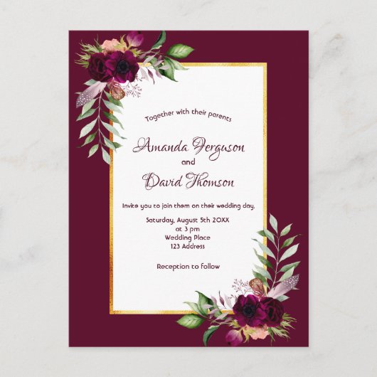 Burgundy florals Gold boho bruiloft Briefkaart (Voorkant)