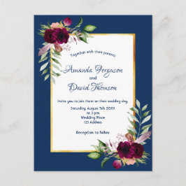 Burgundy florals Gold greenery boho blue bruiloft Briefkaart