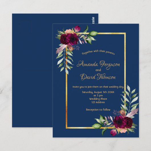 Burgundy florals Gold greenery boho blue bruiloft Briefkaart (Voorkant / Achterkant)