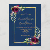 Burgundy florals Gold greenery boho blue bruiloft Briefkaart (Voorkant)