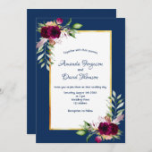 Burgundy florals Gold greenery boho blue bruiloft Kaart (Voorkant / Achterkant)
