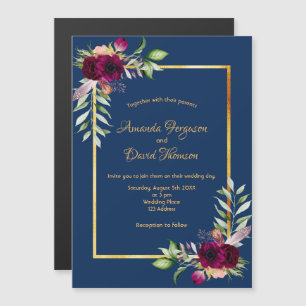 Burgundy florals Gold greenery boho blue bruiloft Magnetische Uitnodiging