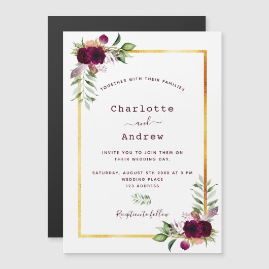 Burgundy florals gold greenery boho bruiloft (Voorkant / Achterkant)