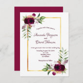 Burgundy florals gold greenery boho bruiloft briefkaart (Voorkant / Achterkant)