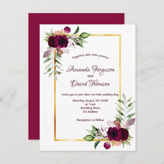 Burgundy florals gold greenery boho bruiloft briefkaart (Voorkant / Achterkant)