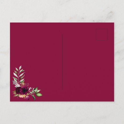 Burgundy florals gold greenery boho bruiloft briefkaart (Achterkant)
