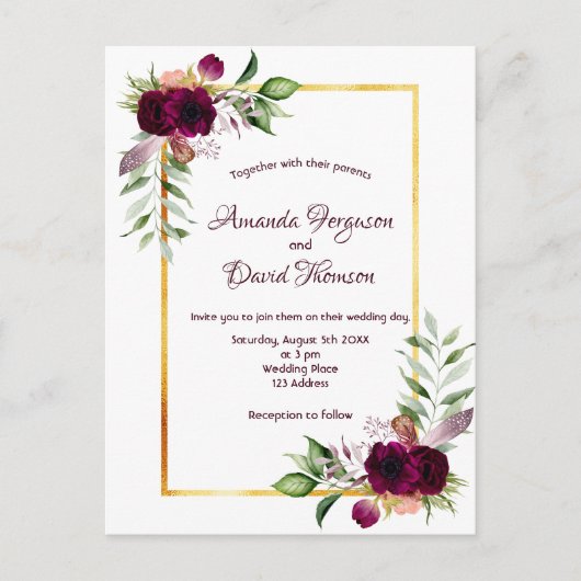 Burgundy florals gold greenery boho bruiloft briefkaart (Voorkant)