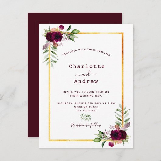 Burgundy florals gold greenery boho bruiloft briefkaart (Voorkant / Achterkant)