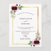 Burgundy florals gold greenery boho bruiloft briefkaart (Voorkant)