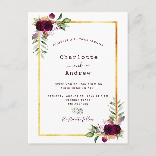 Burgundy florals gold greenery boho bruiloft briefkaart (Voorkant)