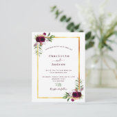 Burgundy florals gold greenery boho bruiloft briefkaart (Staand voorkant)